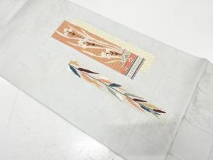 短冊に枝垂れ柳・草花模様織り出し 袋帯